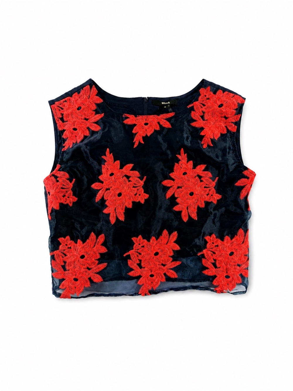 Black Brand Black Sleeveless Crop Top with Red Floral Lace